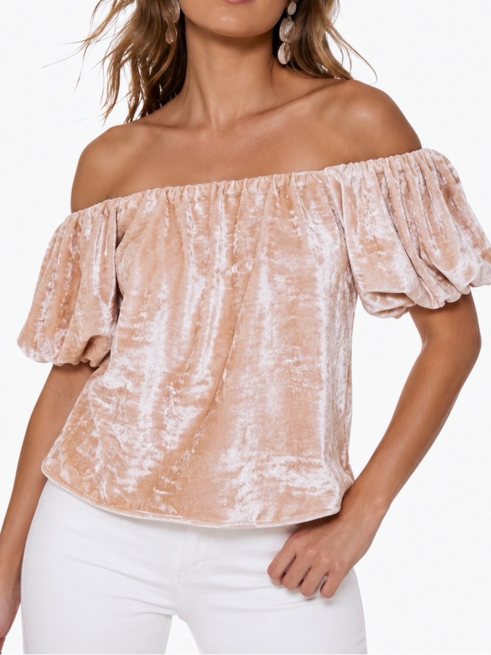 WAYF Blush Pink Velvet Off-Shoulder Puff Sleeve Top Blouse